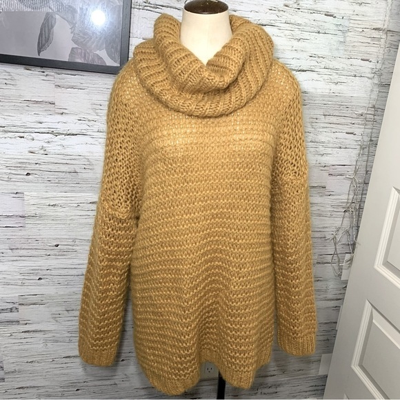 Made Italy Mustard Open Knit Sweater Mohair Blend Slouchy Turtle Neck Sz L/XL - Picture 10 of 10